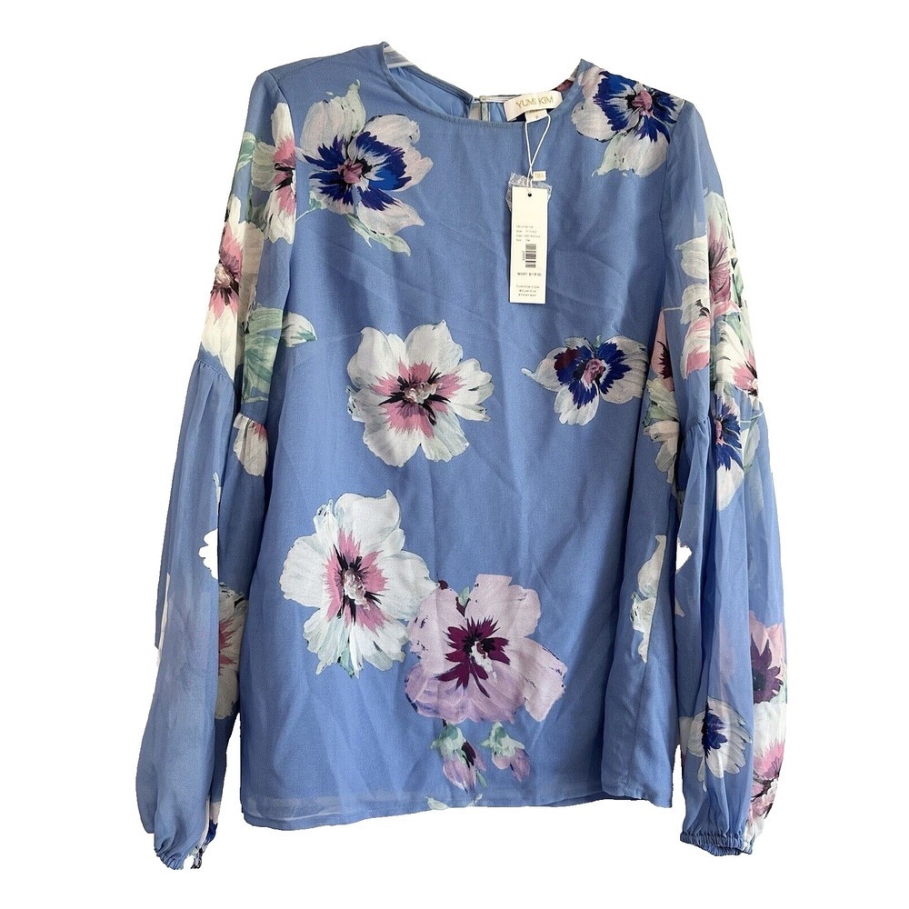 Yumi Kim Blouse Womens Size S Blue Executive Top Floral Forget Me Not